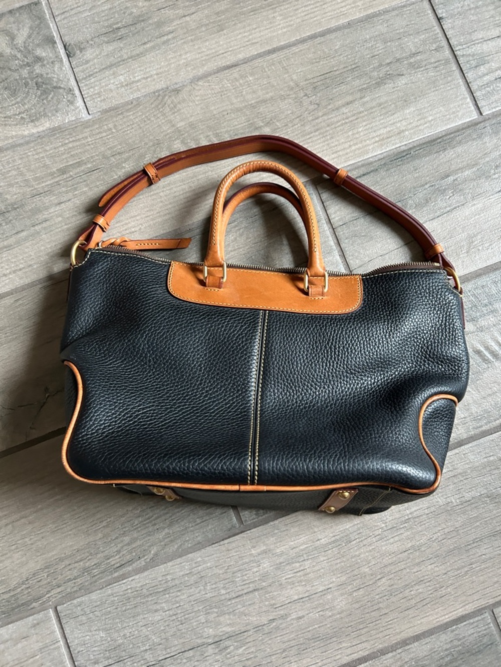 Dooney & Bourke Black Pebbled Leather Satchel with Tan Trim and Brown Strap - Picture 4 of 11
